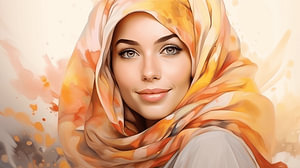Porträt einer lächelndem muslimischen Frau mit  buntem Kopftuch Aquarell-Kunst Design