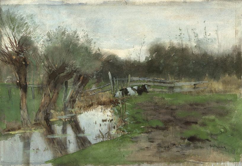 Weide mit liegender Kuh in einem Graben - Geo Poggenbeek von Schilders Gilde