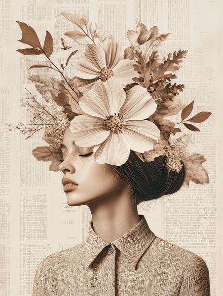 Vintage-Collage, Porträt mit Blumen von Carla Van Iersel