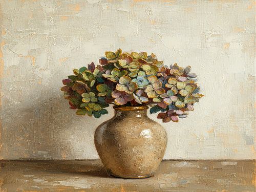 Tijdloos Herfststilleven met hortensia's op aardewerk vaas