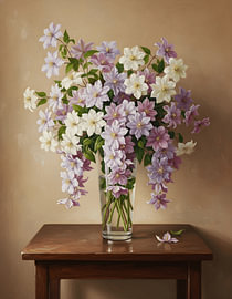 Clematis in einer hohen, durchsichtigen Glasvase von Regan Frederick
