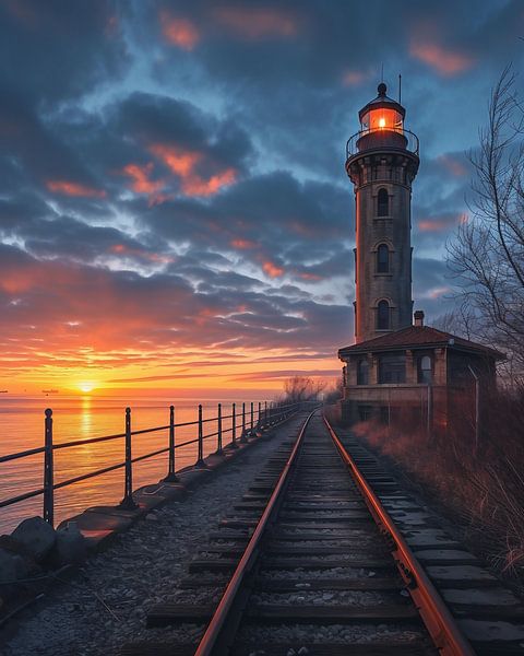 Zonsondergang bij de vuurtoren van fernlichtsicht