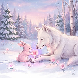 Scène hivernale avec un loup et un lapin sur Markus Gann