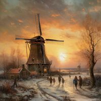 Dutch winter landscape painting with windmill