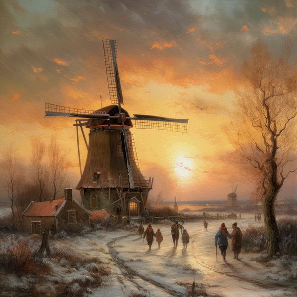 Dutch winter landscape painting with windmill by Preet Lambon