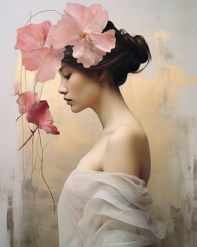 Portrait de style collage avec accents roses et dorés