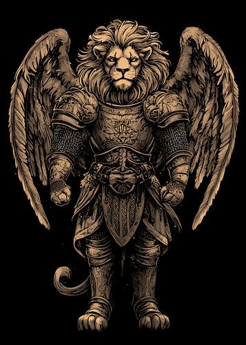 Majestueux guerrier lion avec armure et ailes