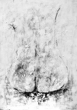 Painting of the back of a naked woman model in black and white.