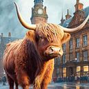 Schotse hooglander op een plein in de stad van Harvey Hicks thumbnail