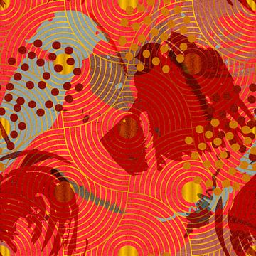Japans geometrisch retro gouden patroon in rood, bruin en blauw van Dina Dankers