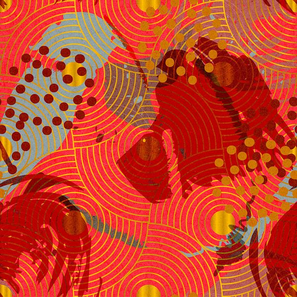 Japanisches geometrisches Retro-Goldmuster in Rot, Braun und Blau von Dina Dankers