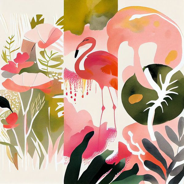 Botanische flamingo drieluik van Bianca ter Riet