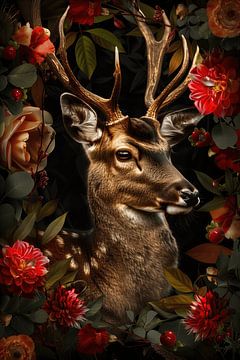 Graceful stag surrounded by flowers by Steinfox Art