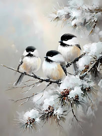Winter chickadee birds