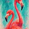 Twee roze flamingo's (AI) (liefde, Valentijnsdag, schilderij, tropisch, veren, vogels, mooi, stoer, vrouwelijk, felle kleuren) van Natalie Bruns