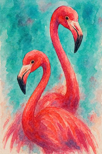 Twee roze flamingo's (AI) (liefde, Valentijnsdag, schilderij, tropisch, veren, vogels, mooi, stoer, vrouwelijk, felle kleuren)