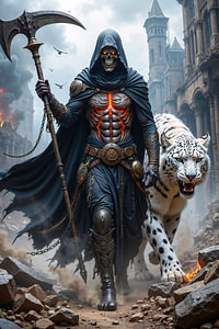 Dark Fantasy Wandbild: NOXVARIS - Der Sensenmann durchquert mit einem riesigen Schneeleoparden eine Stadt