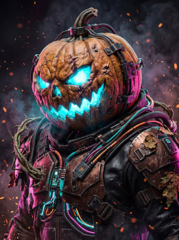 Cyberpunk Jack O Lantern Glowing Cyan Pumpkin Mech Halloween Sci-Fi Graphic Design