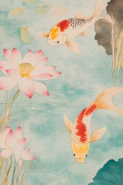 Koikarpers en lotusbloemen in het water van Poster Art Shop