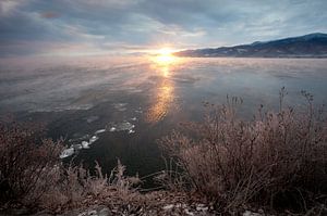 L'aube rose ravive le paysage gelé