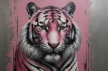 Modern Pink and Silver Tiger Painting by De Muurdecoratie