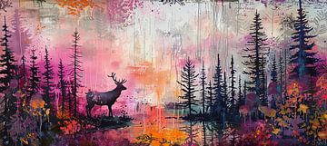 Neon Sunset Silhouette van Abstract Schilderij