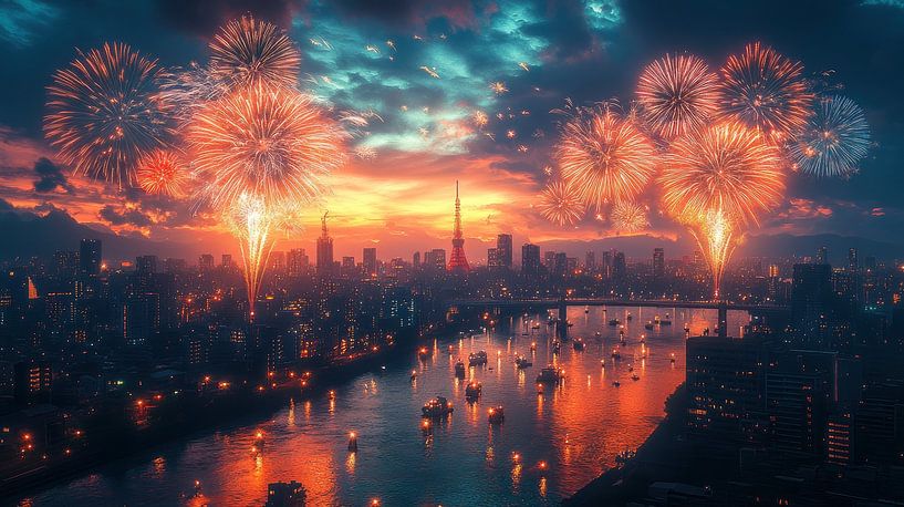 Feuerwerk über dem Stadtbild von Lufy