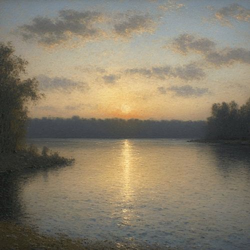 Vergulde stilte: de laatste ondergang van de zon boven de rustige rivierbocht in de schemering