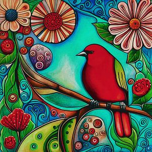 Dicker roter Vogel auf einem Zweig zwischen Blumen