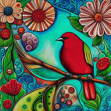 Dikke rode vogel op een tak tussen bloemen