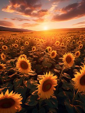 Endloses Feld von Sonnenblumen bei Sonnenuntergang von Visuals by Justin