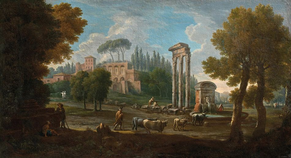 De Palatijn en de Tempel van Castor en Pollux met figuren, Rome, Jan Frans van Bloemen op canvas