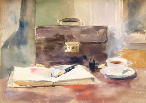 Stilleven met leren koffer en koffie