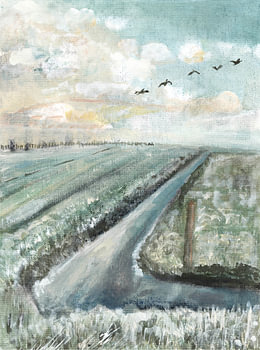 Winter landscape in soft morning light: Polder with frost and birds