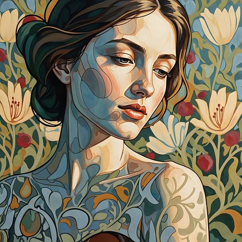 Femme Art Nouveau : Portrait floral élégant