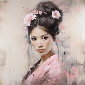 Aziatische vrouw met bloemen in roze kimono van Lauri Creates