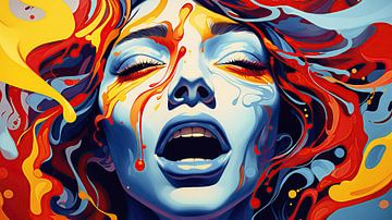 Ecstatic explosion of colour: Satisfied woman in a moment of happiness by Frank Heinz