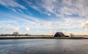 Oude houten schuur bij hoogwater in de Biesbosch van Ruud Morijn