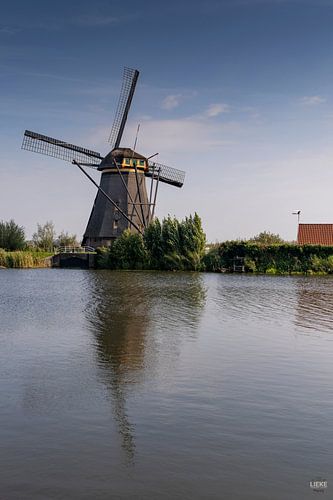 Aan de waterkant staat een molen. Wandelen langs de waterkant in Kinderdijk. Genieten van het uitzic