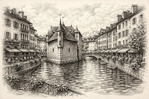 Een tekening van Annecy in Frankrijk.