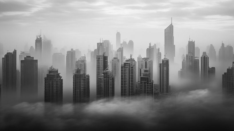 Photo en noir et blanc d'une silhouette de ville dans le brouillard avec des gratte-ciel, design artistique par Animaflora PicsStock