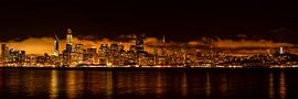 Panorama view of San Francisco skyline with reflection in bay at night