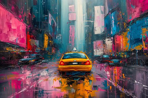 Gele taxi op straat in New York City, abstract schilderij