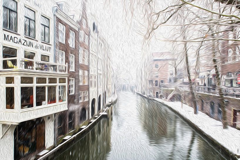 Winter in Utrecht.Zicht op de Oudegracht vanaf de Gaardbrug. (DIGITAL PAINTING) van André Blom Fotografie Utrecht