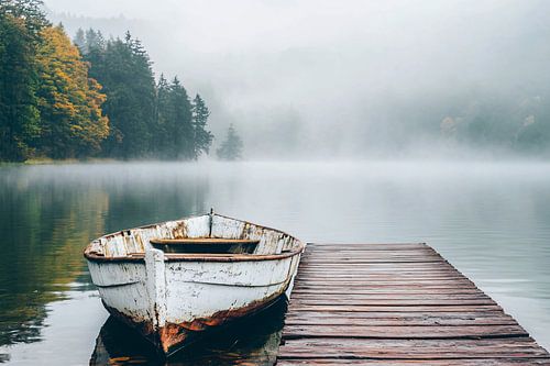 Rustige roeiboot bij mistig meer