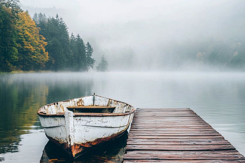 Bateau à rames silencieux au bord d'un lac brumeux par Imperial Art House