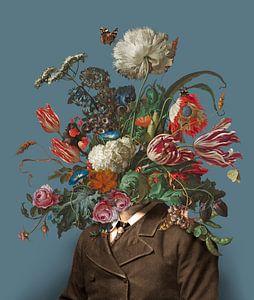 Portret van een man met een boeket bloemen (blauwgrijs / rechthoekig) van toon joosen