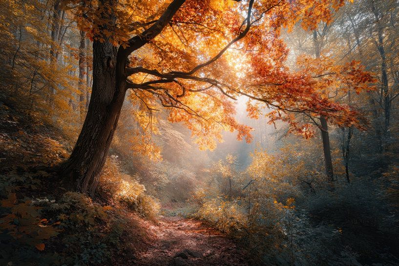 Herfstbos - Goudrood Dromerig Kunstwerk van BowiScapes - Fine Art Landschappen