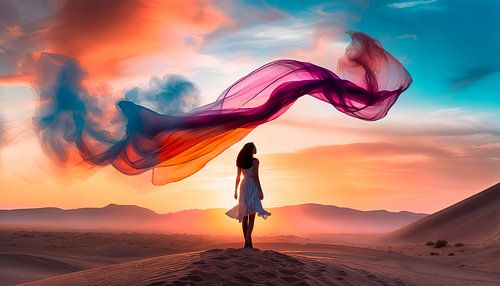 Woman with coloured silk in the desert