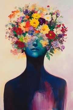 Bloemenkrans op een menselijk hoofd van Poster Art Shop